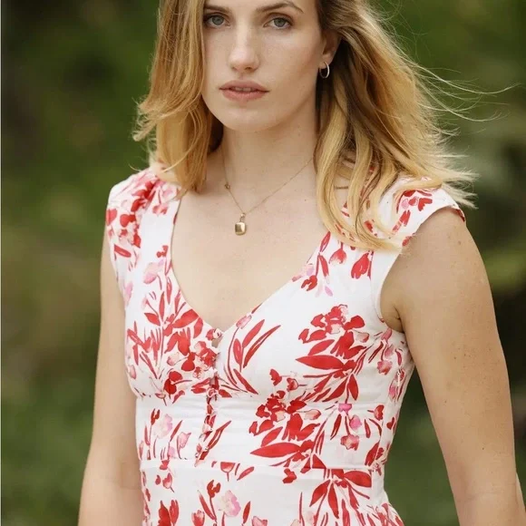 Banana Republic Linen-Cotton Red/Pink/White Floral Mini Dress V-Neck - Size 2 - Picture 2 of 11